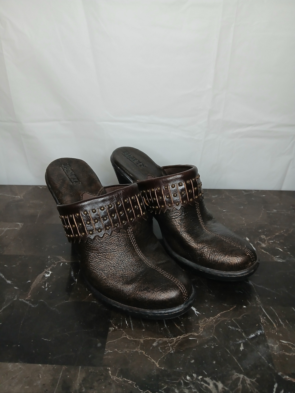 Fringed Studded Leather Mule Clogs